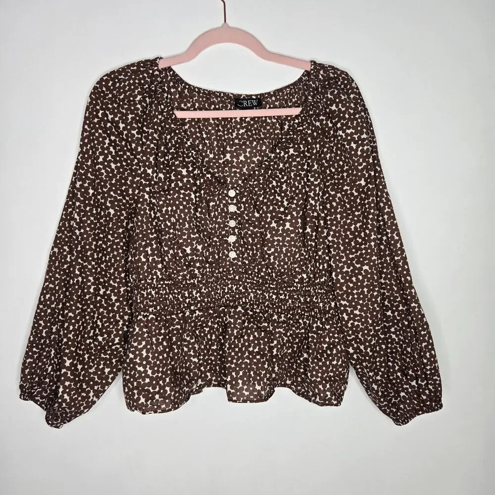 J Crew Womens Cottage Smocked Waist Top Mocha Brown Floral Boho Peplum Medium